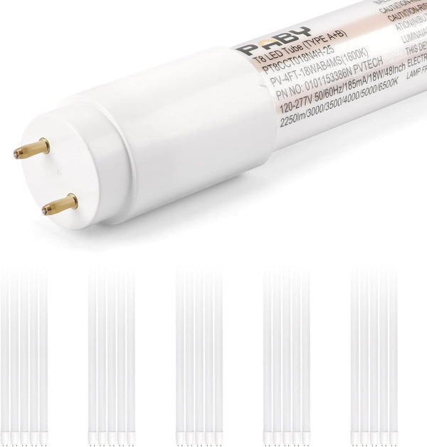 25 Pack 4FT T8 LED Type A+B Tube Light, 5000K, Plug & Play or Ballast Bypass, Single or Double End Power Input, 120-277V, , UL, FCC