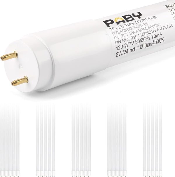 25 Pack 2FT T8 LED Type A+B Tube Light