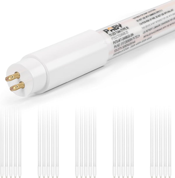 25 Pack T5 LED 4FT Type B Ballast Bypass Light Tube, 24W(65W Equivalent), 3250LM, 4CCT Switchable, UL-Listed for Single & Double Ends Power Input (Work with Any 2 or More Pins Wired)