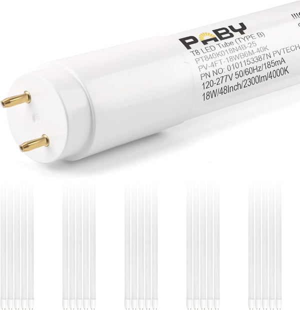 25 Pack T8 LED 4FT Type B Ballast Bypass Light Tube, 18W(40W Equivalent), 2300LM UL-Listed for Single & Double Ended Power Input (Work with Any 2 or More Pins Wired)